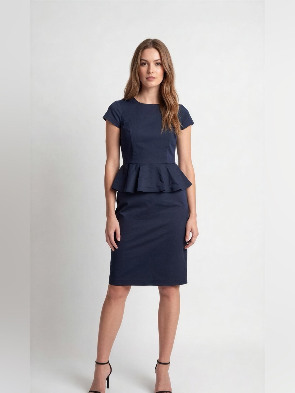 Brooks Brothers 346 Womens 14 Dark Blue Peplum Midi Dress Office Work Business